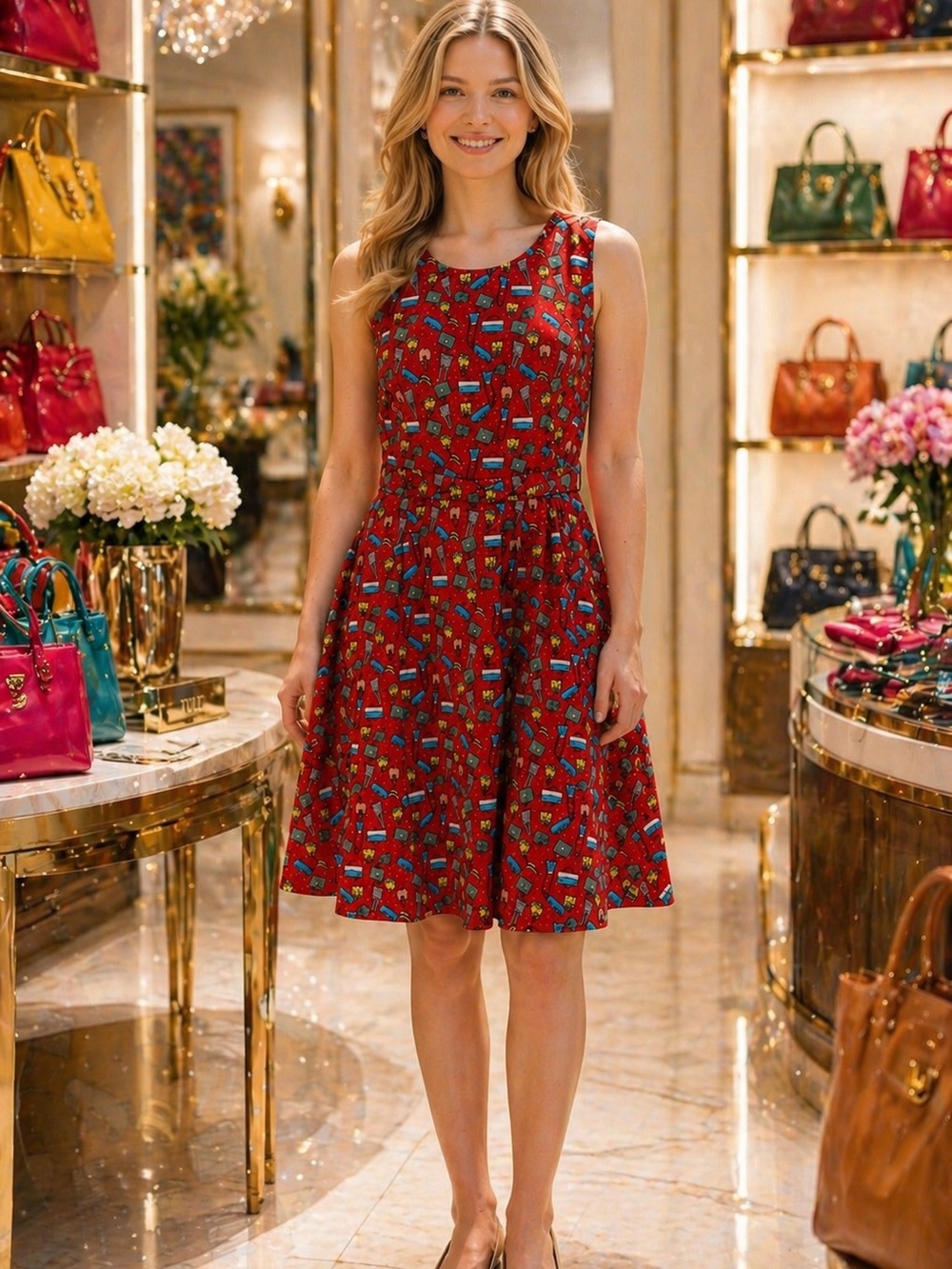 NWT Tulip B Vintage Inspired Sleeveless Red Printed Bags Midi Dress Fitted Waist